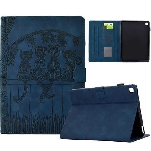 Funda inteligente de cuero Samsung Galaxy Tab S6 Lite P610 con relieve de gatos (Azul Oscuro)