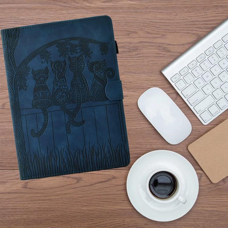 Funda inteligente de cuero con relieve de gatos para Samsung Galaxy Tab S10 FE+ (azul oscuro)