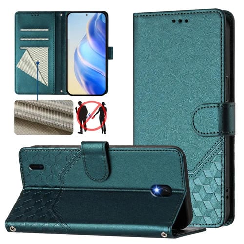 Funda de Cuero Rfid con Relieve en Panal para Nokia C01 Plus/C1 2.ª Edición (Verde Pavo Real)