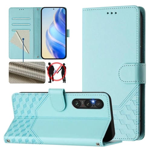 Funda de Cuero Rfid con Relieve en Panal para Sony Xperia 1 V (2023) (Verde Menta)