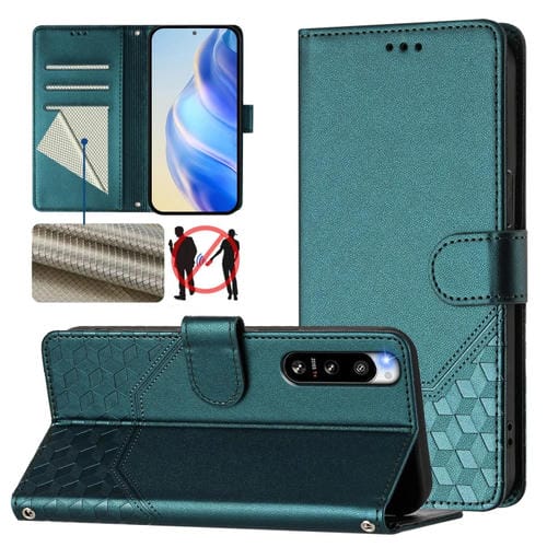 Funda de Cuero Rfid con Relieve en Panal para Sony Xperia 5 Iv (Verde Pavo Real)