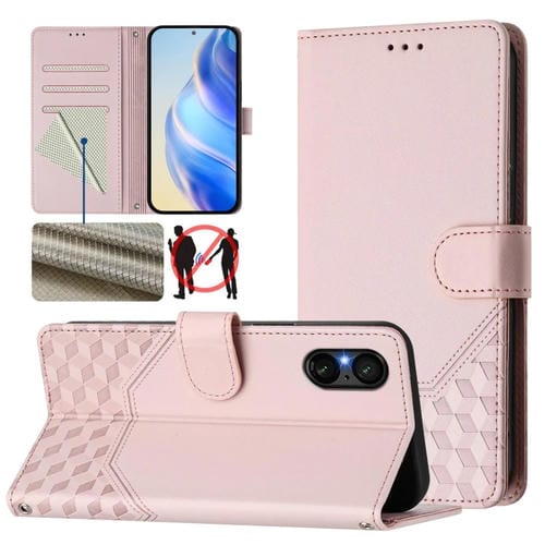 Funda de Cuero Rfid con Relieve en Panal para Sony Xperia 5 V (Rosa)