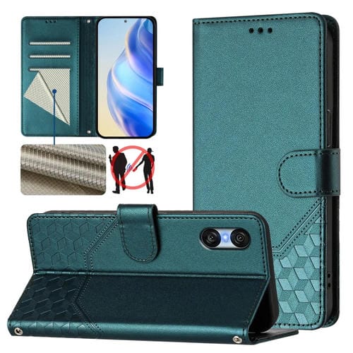 Funda de Cuero Rfid con Relieve en Panal para Sony Xperia 10 Vi (2024) (Verde Pavo Real)