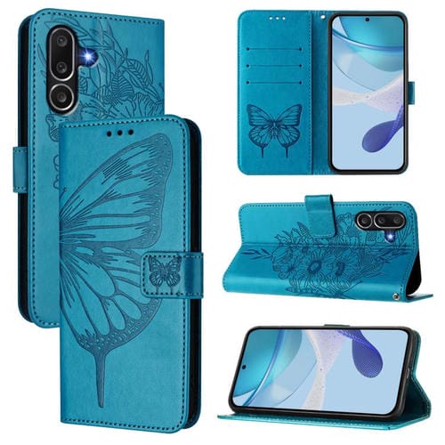 Funda de piel con diseño de mariposa en relieve para Samsung Galaxy M56 5G (azul)