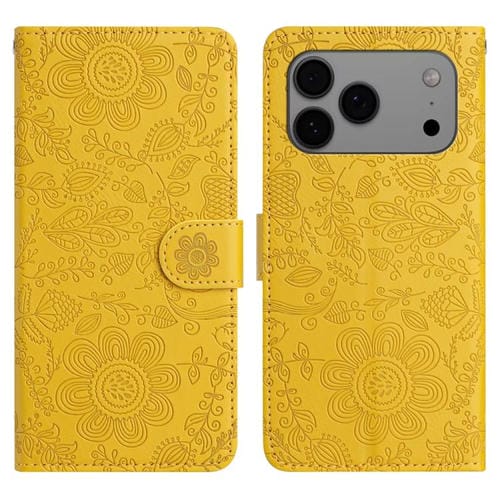 Funda de cuero con estampado floral en relieve para iPhone 17 Pro Max (amarilla)