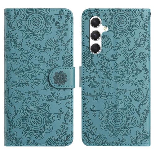 Funda de cuero con estampado floral en relieve para Samsung Galaxy S25 FE 5G (verde oscuro)