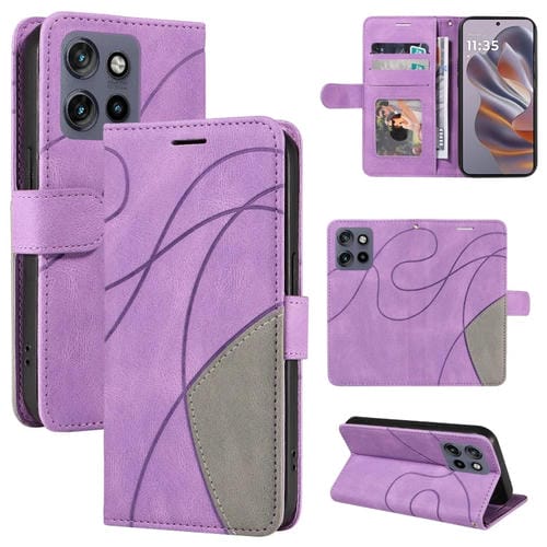 Funda de Cuero con Tapa y Dos Colores para Motorola Edge 50 Neo (Morado)