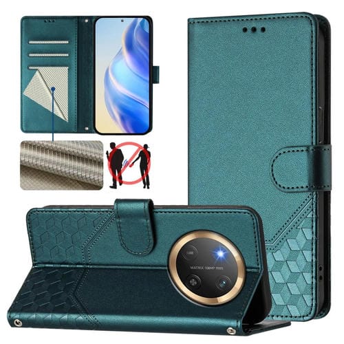 Funda de Cuero Rfid con Relieve en Panal para Honor X9C 5G (Verde Pavo Real)