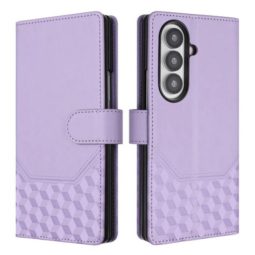 Funda de cuero con relieve de panal RFID para Samsung Galaxy Z Fold7 5G (morado claro)
