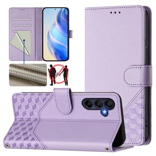 Funda de cuero con relieve de panal RFID para Samsung Galaxy A17 4G (morado claro)