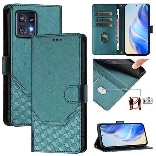 Funda de Cuero Rfid con Relieve en Panal para Motorola Edge+ 2023/40 Pro (Verde Pavo Real)