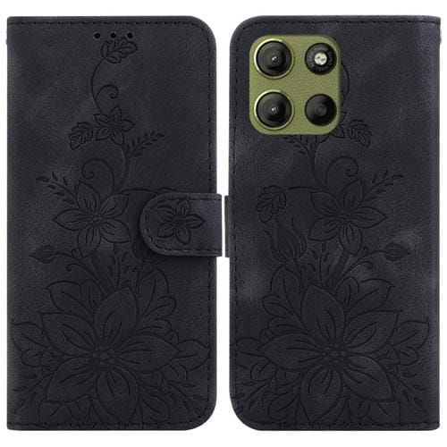 Funda de Cuero con Relieve de Lirio para Motorola Moto G15 (Negra)
