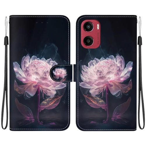 Funda de Cuero Motorola Moto G05/E15 con Dibujo de Colores y Textura de Cristal (Peonía Morada)