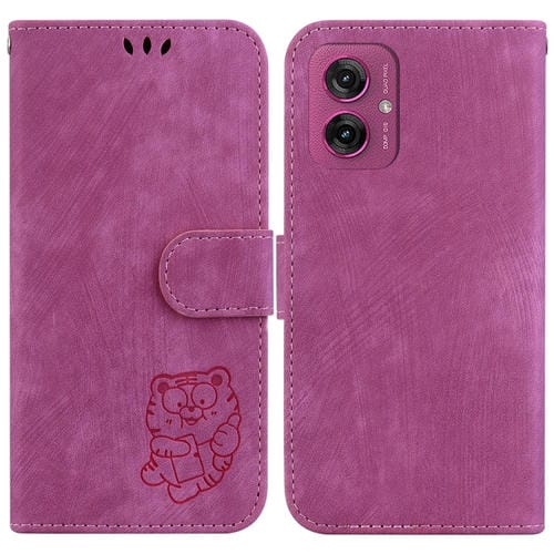 Funda de Cuero con Relieve de Tigre para Motorola Moto G55 (Rosa rojo)