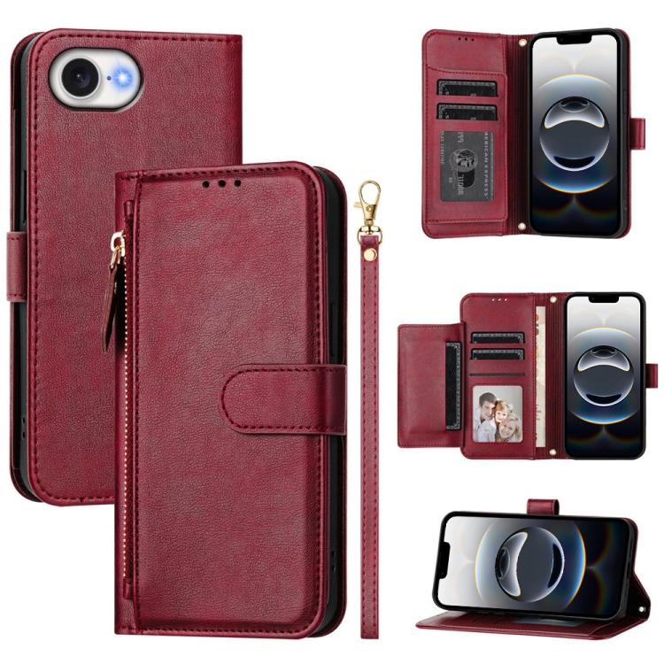 Funda Tipo Billetera Cuero iPhone 16E Cremallera Ranuras Tarjetas (Rojo Oscuro)