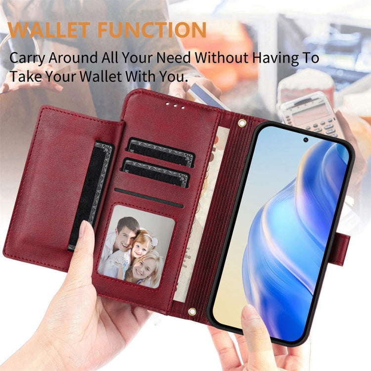 Funda Tipo Billetera Cuero iPhone 16E Cremallera Ranuras Tarjetas (Rojo Oscuro)