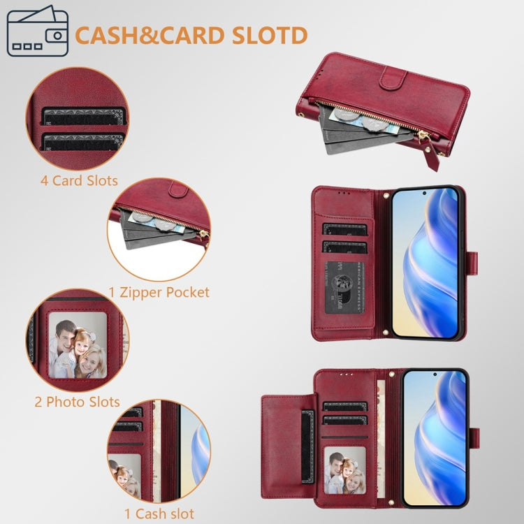 Funda Tipo Billetera Cuero iPhone 16E Cremallera Ranuras Tarjetas (Rojo Oscuro)