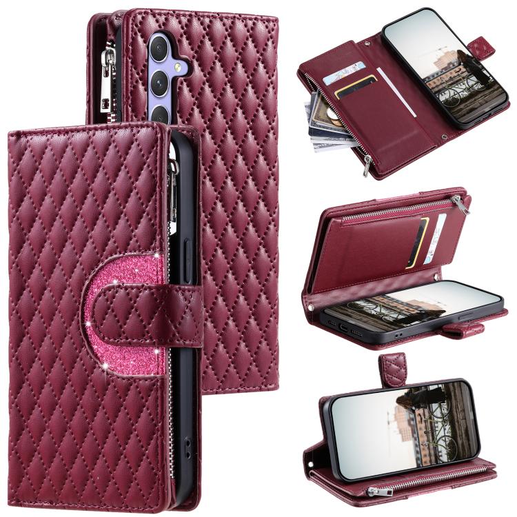 Funda de cuero tipo billetera con cremallera y diseño de celosía brillante para Samsung Galaxy S25 FE 5G (rojo vino)
