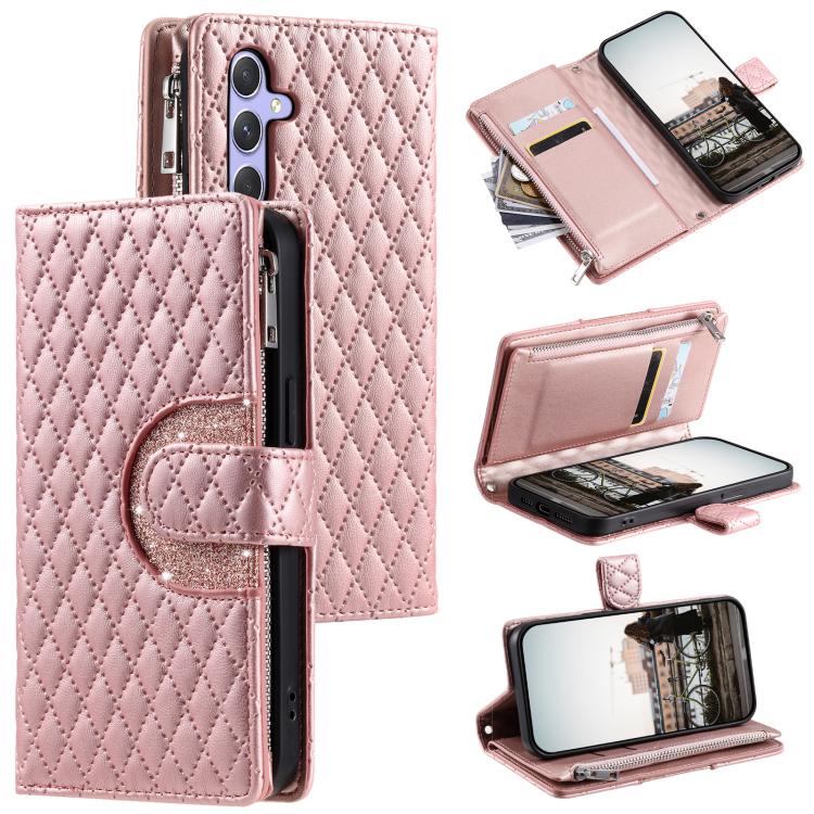 Funda de cuero tipo billetera con cremallera y diseño de celosía brillante para Samsung Galaxy S25 FE 5G (oro rosa)