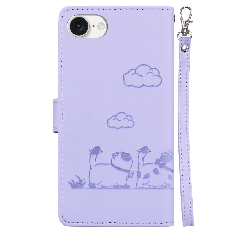 Funda de Piel Rfid para iPhone 16E Diseño de Gatos (Morado)