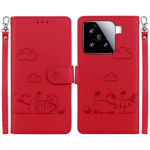 Funda De Cuero Rfid Con Diseño De Gatos Para Xiaomi 15 (Roja)