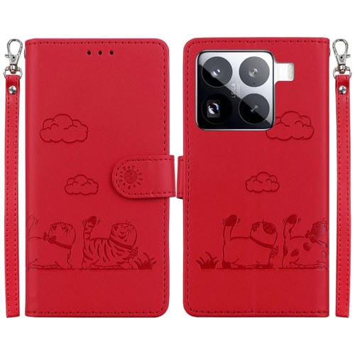 Funda De Cuero Rfid Con Diseño De Gatos Para Xiaomi 15 Pro (Roja)