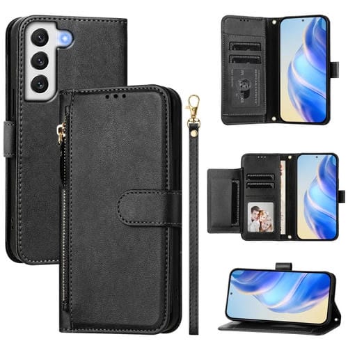 Funda de Cuero para Samsung Galaxy S22+ 5G con Cremallera y Ranuras para Tarjetas (Negra)