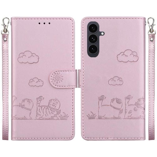 Funda de cuero RFID con diseño de gatos para Samsung Galaxy S25 FE 5G (oro rosa)