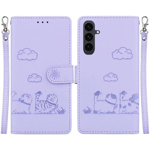 Funda de piel RFID con diseño de gatos para Samsung Galaxy S25 FE 5G (morada)