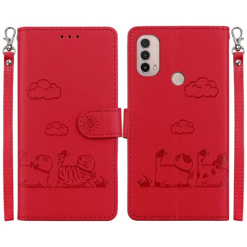 Funda de Cuero Rfid para Motorola Moto E40/E30/E20 con Diseño de Gatos (Rojo)