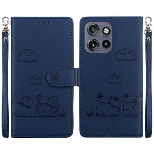 Funda de Cuero RFID para Motorola Edge 50 Neo 5G con Diseño de Gatos (Azul)