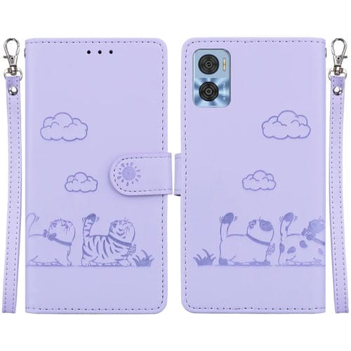 Funda de Cuero Rfid para Motorola Moto E22/E22I con Diseño de Gatos (Morado)