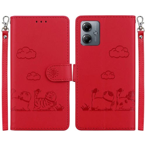 Funda de Cuero Rfid para Motorola Moto G14 con Diseño de Gatos (Rojo)