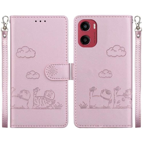 Funda de Cuero Rfid Motorola Moto G05/E15 con Diseño de Gatos (Oro Rosa)