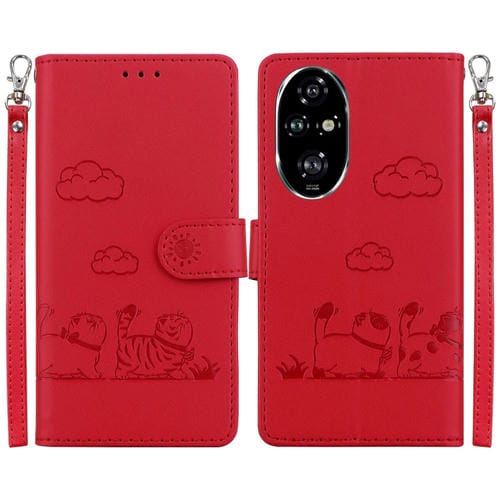 Funda de Cuero Rfid para Honor 200 Pro 5G con Diseño de Gatos (Roja)