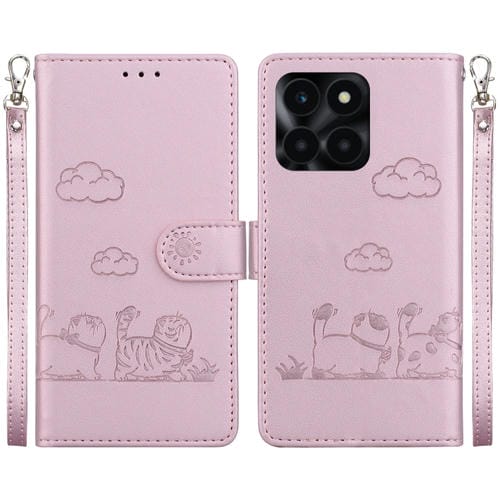 Funda de Cuero Rfid para Honor X6A con Diseño de Gatos (Oro Rosa)