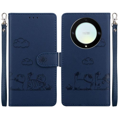Funda de Cuero Rfid para Honor X9A con Diseño de Gatos (Azul)