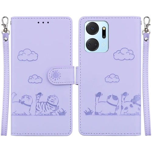 Funda de Cuero Rfid para Honor X7A con Diseño de Gatos (Morado)