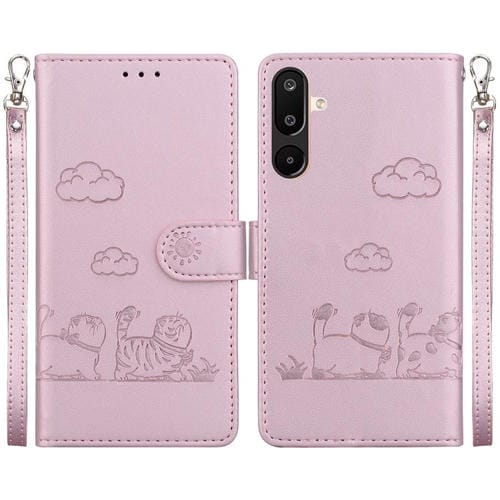 Funda de piel RFID con diseño de gatos para Samsung Galaxy M16 5G / F16 5G / M36 5G (oro rosa)