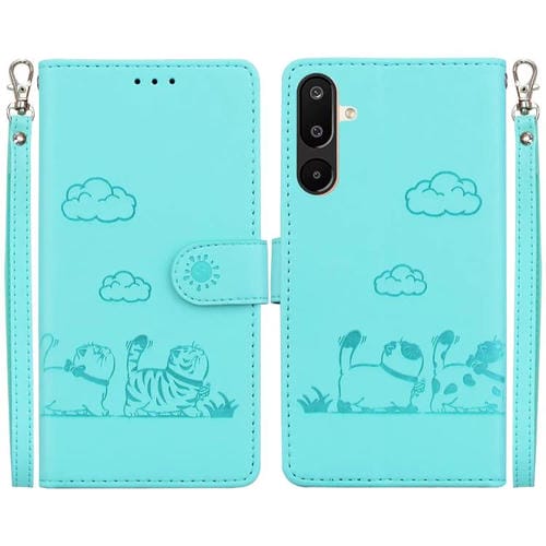 Funda de cuero RFID con diseño de gatos para Samsung Galaxy M16 5G / F16 5G / M36 5G (verde)