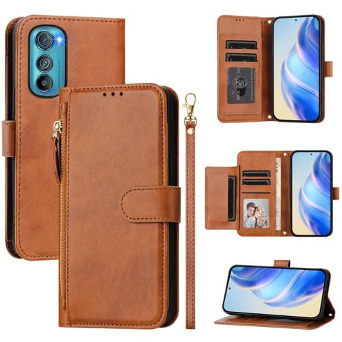 Funda de Cuero con Cremallera y Ranuras para Tarjetas para Motorola Edge 30 (Marrón)