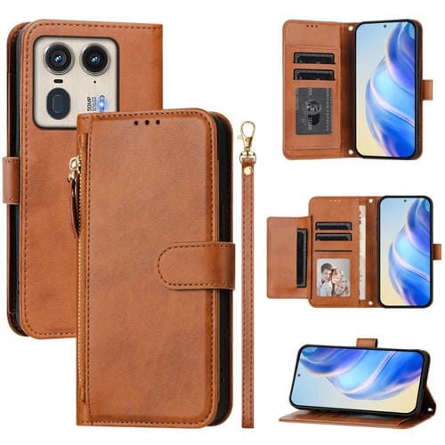 Funda de Cuero con Cremallera y Ranuras para Tarjetas para Motorola Edge 50 Ultra/Moto X50 Ultra (Marrón)