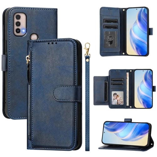 Funda de Cuero con Cremallera y Ranuras para Tarjetas para Motorola Moto E40/E30/E20 (Azul)