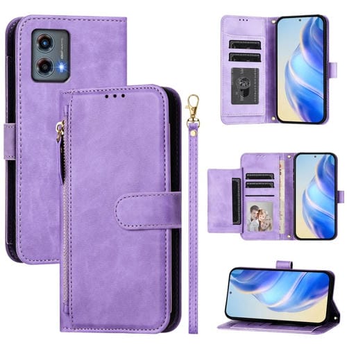 Funda de Cuero con Cremallera y Ranuras para Tarjetas Motorola Moto G 5G (2023) (Morado)