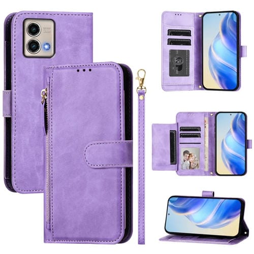 Funda de Cuero con Cremallera y Ranuras para Tarjetas para Motorola Moto G Stylus 5G (2023) (Morado)