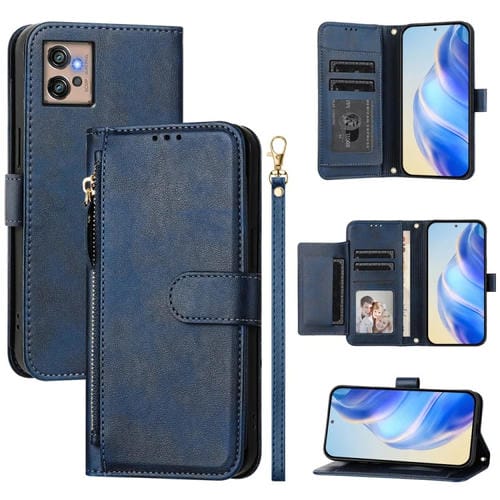 Funda de Cuero con Cremallera y Ranuras para Tarjetas para Motorola Moto G32 (Azul)
