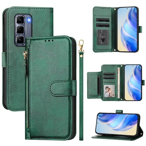 Funda de Cuero con Cremallera y Ranuras para Tarjetas para Infinix Hot 50 Pro+ 4G (Verde)