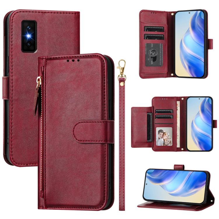 Funda de cuero con cremallera y ranuras para múltiples tarjetas para Infinix GT 30 Pro (rojo oscuro)