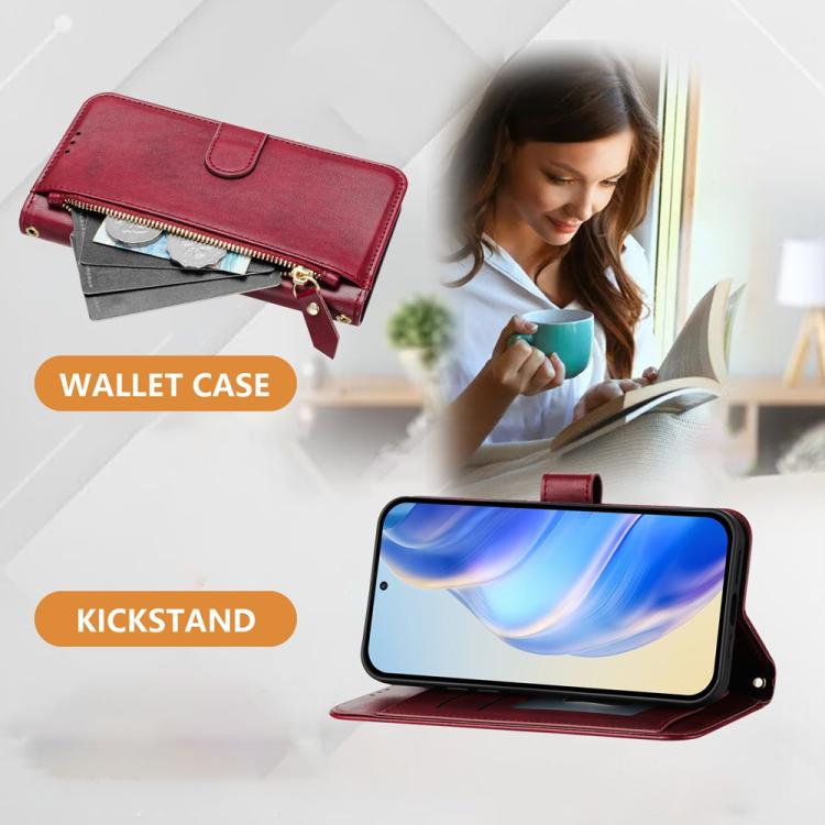 Funda de cuero con cremallera y ranuras para múltiples tarjetas para Infinix GT 30 Pro (rojo oscuro)