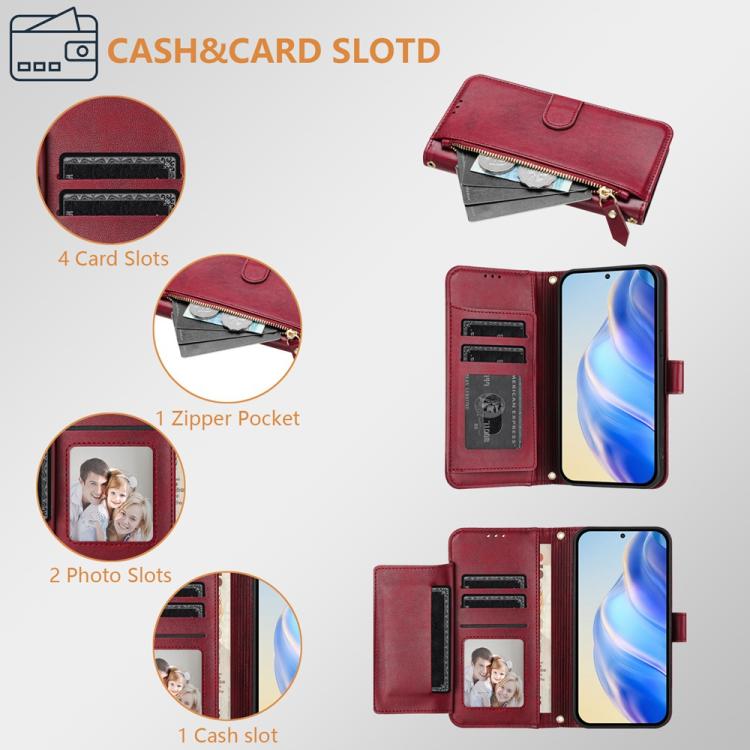 Funda de cuero con cremallera y ranuras para múltiples tarjetas para Infinix GT 30 Pro (rojo oscuro)